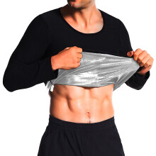 (PU Silver, L/XL) Sauna-Schlankheitsanzug für Herren, Rundhalsausschnitt, lange Ärmel, Taillenformer, Sport-Fitness-Set