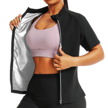 (Silver Coated Stand Collar Short Sleeve, M) Dam sommarset med två delar, kortärmat och shorts för fitness, löpning, yoga och bastu, mjukisdräkt