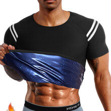 (PU blue men's white striped short-sleeve, L/XL) Men's Sweat-Activating Fitness Vest for Belly Control & Slim Fit Shapewear