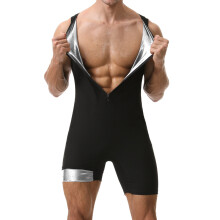 (Silver Coated Men's Vest Jumpsuit, M) Herrbody med åtsittande magkontroll, sporttopp med rund halsringning och kortärmad passform, träningsbody