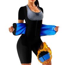 (PU Blue Waist Support Short Sleeve Bodysuit, M) Damen-Trainingsanzug mit formender Wirkung und Taillengürtel für Laufen und Fitness