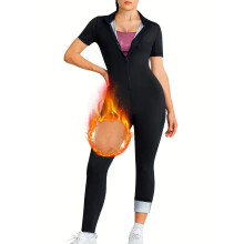(Silver Coated Stand Collar Long Jumpsuit, XXL) Figurformender Jumpsuit mit kurzen Ärmeln, der Taille und Po formt – Sport- und Yogabekleidung
