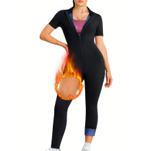 (PU Blue Stand Collar Long Pants Jumpsuit, L) Figurformender Jumpsuit mit kurzen Ärmeln, der Taille und Po formt – Sport- und Yogabekleidung