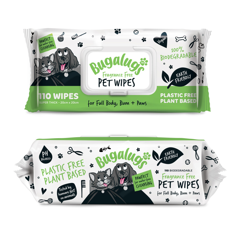 Bugalugs Dog Wipes, 100% Plastic Free Biodegradable Pet Wipes For Full Body, Eye Wipes, Ear Wipes, Bum & Paws. 110 Sensitive Dog Grooming Wipes For Dogs, Puppy