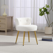 White Teddy Fleece Vanity Stool, Button Tufted Dressing Chair with Gold Metal Legs