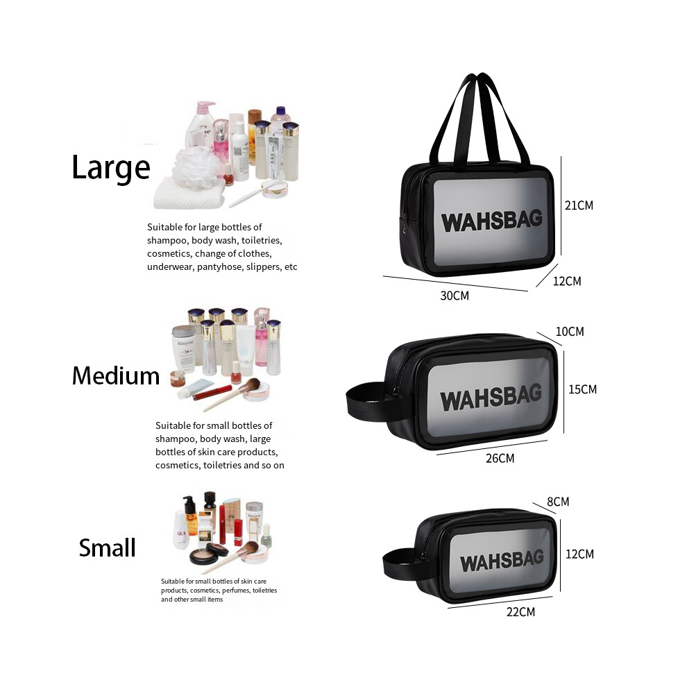 Stoyotu (3Pcs Set Black) Large Capacity Makeup Bag Transparent Pvc Waterproof Travel Toiletry Bag Cosmetics Organizer Storage Tote Clear 3Pcs Wash Bags