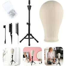 (Ivory) 22 Inch Canvas Wig Mannequin Head with Stand Cork Manikin Block Set for Wigs Trimming Display Includes T Pins And Comb