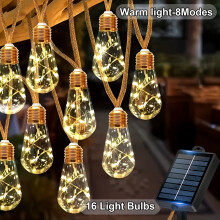 (16 Light Bulbs) Solar Outdoor String Lights with 25/16/10 Bulbs, Lights with 8 Modes, IP44, Solar Garden Lights, Strip Lights, Decorative String