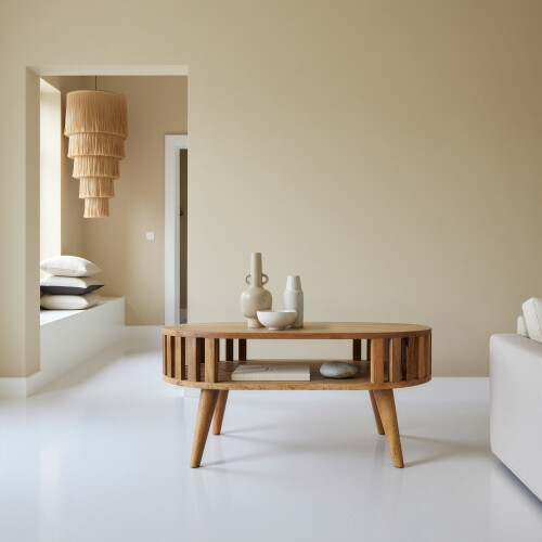 Oval Open Slatted Wood Coffee Table with Storage