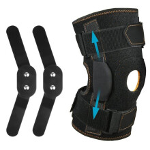 Joelheira articulada ajustável com suporte para patela e ligamentos, estabilizadores laterais e acolchoamento de borracha, tamanho XL.