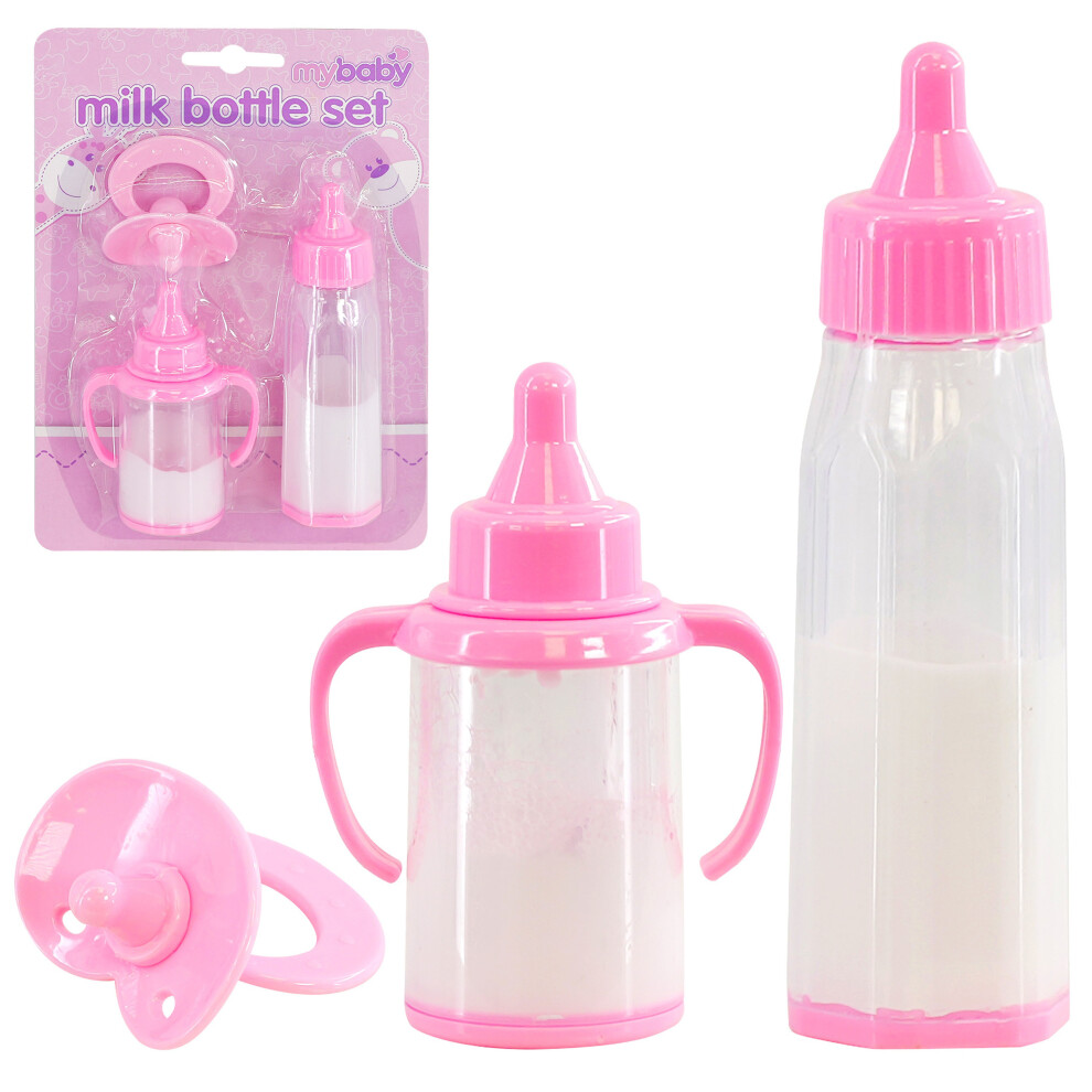 Bibi Doll Magic Milk Bottle 3-Piece Doll Feeding Set With Dummy For Reborn Babies & Dolls - Pink