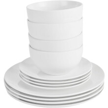 Simpa 12PC Dinnerware Porcelain White Set: 4 Dinner Plates, 4 Side Plates & 4 Bowls. Dishwasher & Microwave Safe.