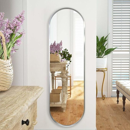 Silver Oval Pill Aluminium Wall Mirror 101x31x2Cm