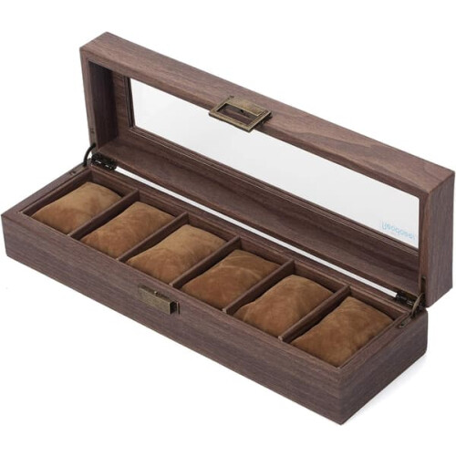 Watch case for storage and display, PU and wood-patterned