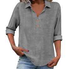 Flash Promo-Women's linen top with three-quarter sleeves, casual and elegant V-neck pullover, button-down shirt Gray XXL