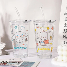 Gobelet transparent en verre, motif Hello Kitty, avec paille et couvercle, idéal pour le petit-déjeuner ou le lait. Cadeau pour enfants.