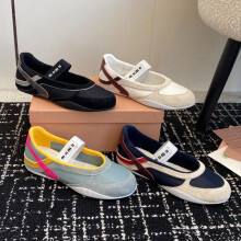 (blue, 37) Leather Mesh Color-Block Flat Shoes for Women Round Toe Slip-On Mary Jane Casual Sneakers