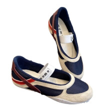 (blue, 35) Leather Mesh Color-Block Flat Shoes for Women Round Toe Slip-On Mary Jane Casual Sneakers