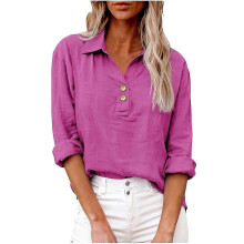 Flash Promo-Women's linen top with three-quarter sleeves, casual and elegant V-neck pullover, button-down shirt Gray S