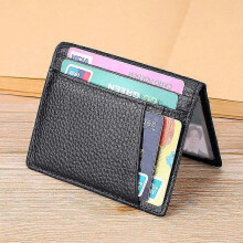 Cartera tarjetero de piel negra con compartimento para billetes y bolsillo para documento de identidad, diseño fino y elegante