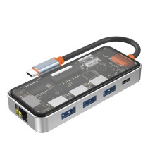 Clear USB Hub with RJ45 Gigabit Ethernet, 4K -Compatible 2.0 Output, 100W PD Charging, Dual Micro/ Card Reader