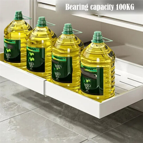 Scalable Pull-Out Kitchen Storage Rack with Slide Rails for Tray Organization 2