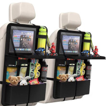 2Pcs Car Backseat Organizer with Tablet Holder,11 Storage Pockets with Foldable Food Tray, Protector Kick Mats for Kids
