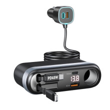 7-in-1 Car Cigarette Lighter Adapter with LED Voltage Display and Retractable 45W USB-C/30W Cables
