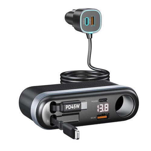 7-in-1 Car Cigarette Lighter Adapter with LED Voltage Display and Retractable 45W USB-C/30W  Cables