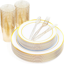 MATANA 150 Pcs Reusable White & Gold Plastic Dinnerware Set for 25 Guests - Dinner Plates, Dessert Plates, 10oz Gold Glitter Cups & Cutlery