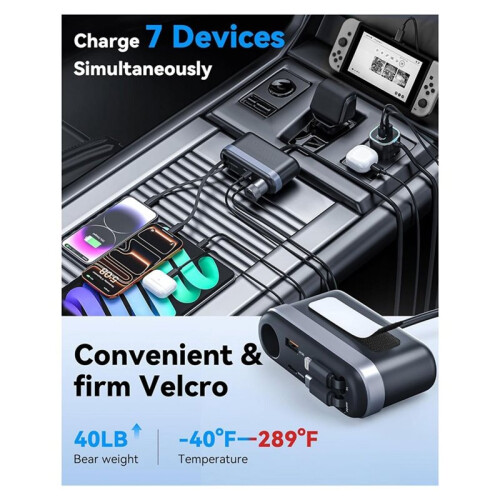 7-in-1 Car Cigarette Lighter Adapter with LED Voltage Display and Retractable 45W USB-C/30W  Cables 1