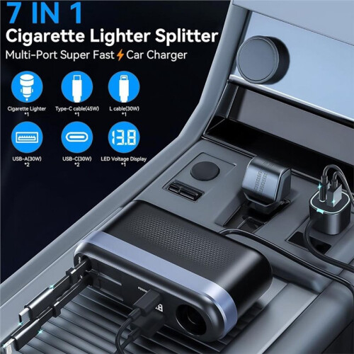 7-in-1 Car Cigarette Lighter Adapter with LED Voltage Display and Retractable 45W USB-C/30W  Cables 2