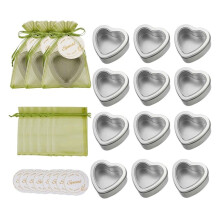 25 Sets Heart Shaped Metal Favor Boxes with Clear Window Lids, 2 Oz Silver Tins with Organza Bags and Tags