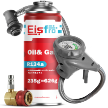 Eisfro Ersatz für R134a Kältemittel Gas 1x 235g mit Schlauch & HP/LP Adapter – Auto Klimaanlage Nachfüllen | R134a Gas, ECO
