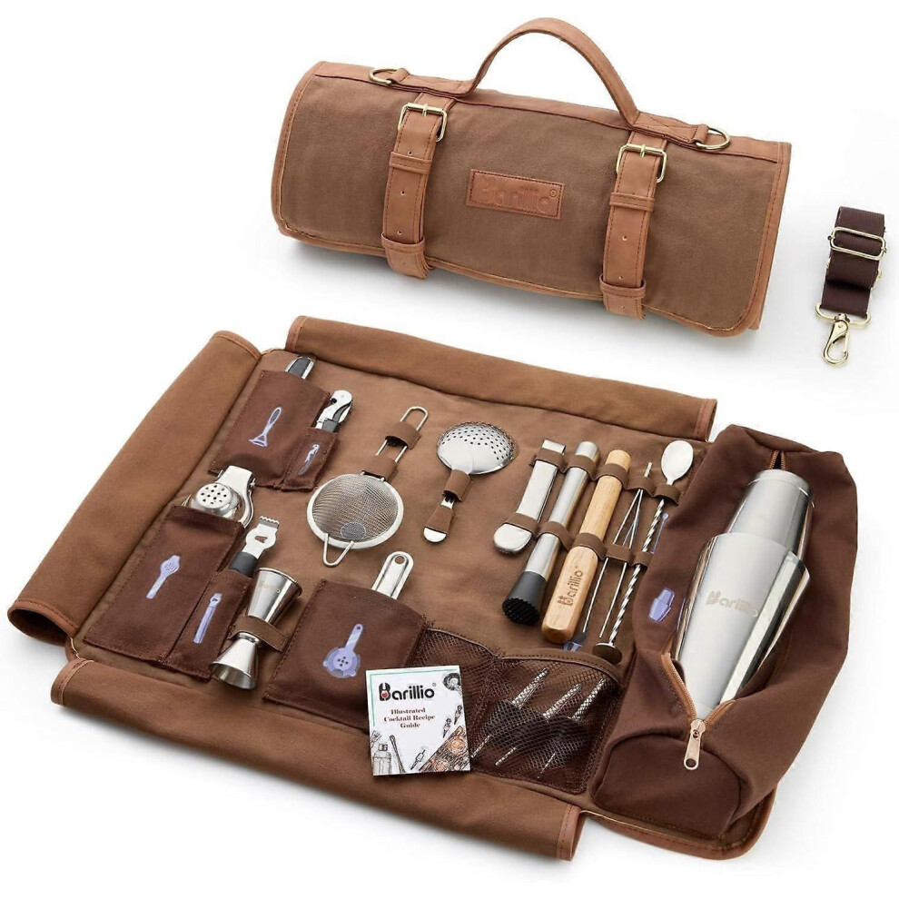 Bartender Kit Bag With Cocktail Shaker Set Waxed Canvas Traveling Bar Tools Bag With 17-Pc Cocktail Kit Travel Mixology Bartending Kits Mobile 4852567285996
