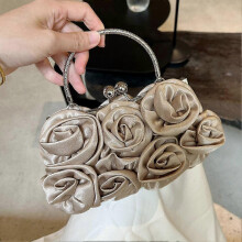 (One size, White) Women Flower Clutch Hand Sewn 14 Roses Satin Faux Silk Bag Handbag- Wedding