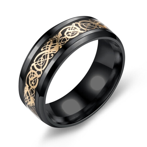 Men's Dragon Pattern Glossy Ring Black and Gold 1