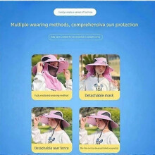 (Pink) New Solar Fan Hat with Face Guard Neck Flap UV Protection Hat USB Rechargeable Men Summer Outdoor Fishing Wide Brim Bucket Cap
