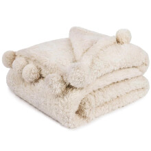 PAVILIA Cream Sherpa Throw Blanket for Couch, Warm Plush Pom Pom Blanket Throw Twin, Ivory Fuzzy Sofa Blanket Throw for Bed, Lightweight Soft Cozy Flu
