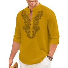 Finivo Fashion MenS Cotton Blend Short Kurta With Full Sleeves And Ethnic Neck Design | Casual Crinkle Texture Kurta With Mandarin Collar Gold