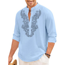 Finivo Fashion MenS Cotton Blend Short Kurta With Full Sleeves And Ethnic Neck Design | Casual Crinkle Texture Kurta With Mandarin Collar Sky