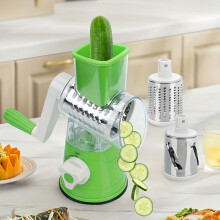 (Green) Manual Rotary Vegetable Cutter & Shredder , Featuring Blade Storage & Replaceable Accessories - Heavy-Duty Plastic