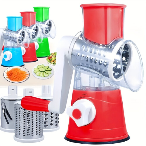 (Red) Manual Rotary Vegetable Cutter & Shredder , Featuring Blade Storage & Replaceable Accessories - Heavy-Duty Plastic 2