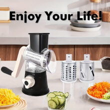 (Black) Manual Rotary Vegetable Cutter & Shredder , Featuring Blade Storage & Replaceable Accessories - Heavy-Duty Plastic