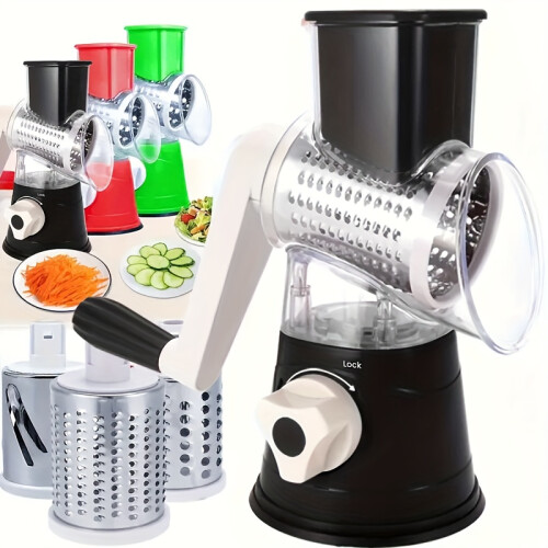 (Black) Manual Rotary Vegetable Cutter & Shredder , Featuring Blade Storage & Replaceable Accessories - Heavy-Duty Plastic 2