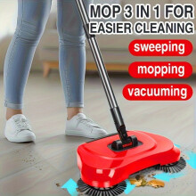 (Red) 3-In-1 Manual Sweeper And Vacuum Combo with Long Handle - Efficient Sweeping, Mopping, And Dusting Hardwood Floors