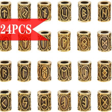 24pcs Viking Rune Beads | Alloy Column Spacer Beads 12x8.5mm Antique Golden European Bead Large Metal Hair Bead