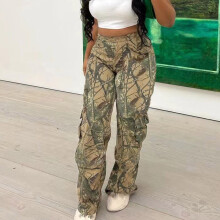 Pantalones cargo para mujer Lulshou con bolsillos, estilo casual de moda para exteriores, pierna ancha, estampado de camuflaje, pantalones cargo de
