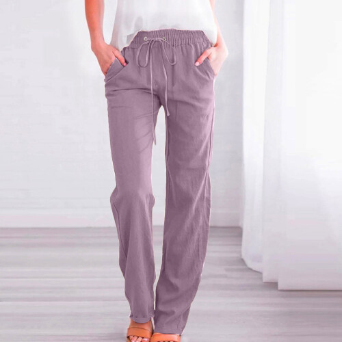 Calça feminina de cintura alta e pernas largas com bolsos. 1