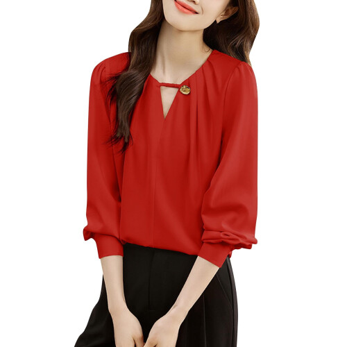 Women's Round Neck Long Sleeve Solid Pleated Tunic Blouse 1